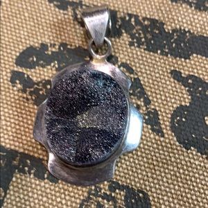 Silver stamped and obsidian stone pendant 2 inch L